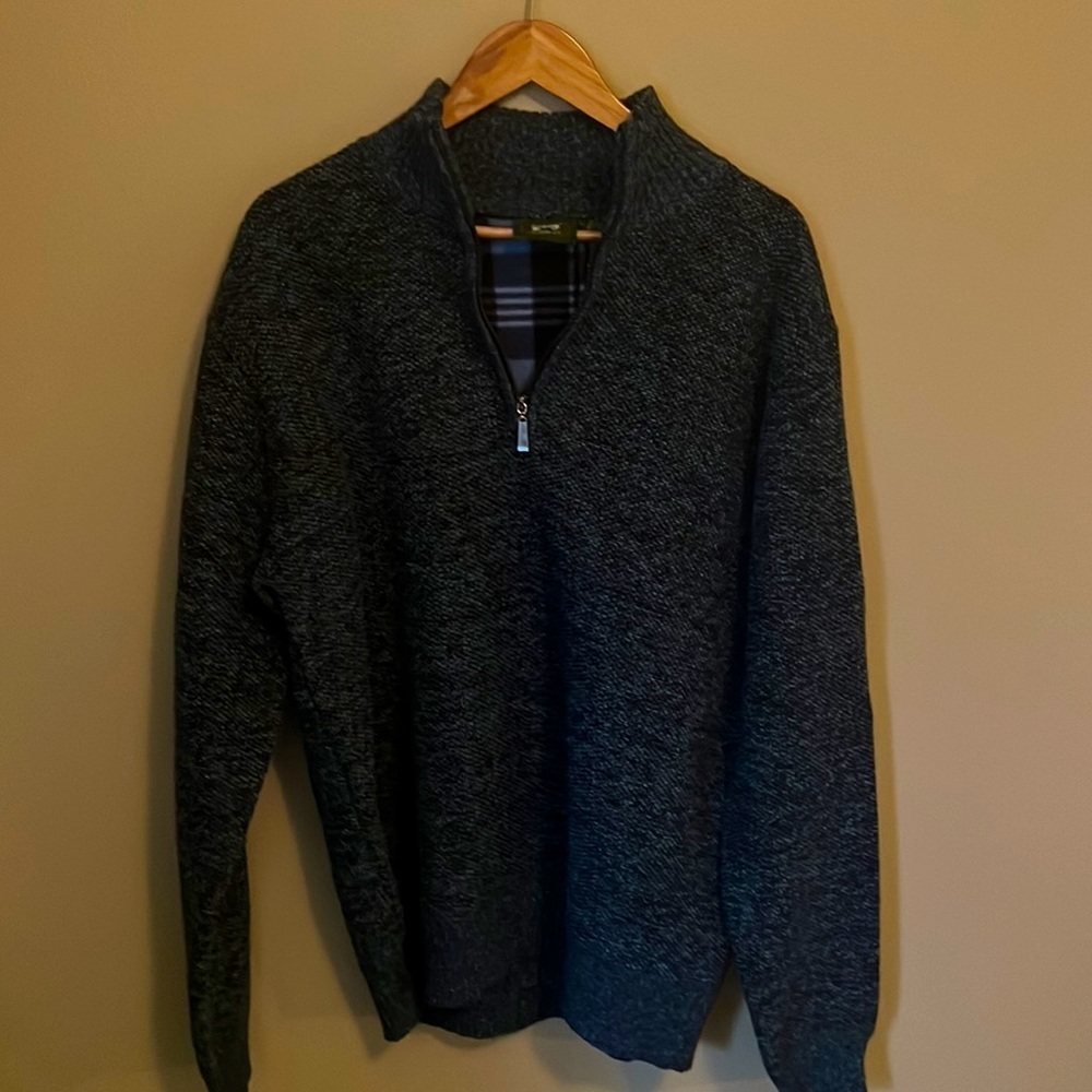 Marbled Navy Blue and White Half-Zip Pullover Sweater, Lined with Plaid Fleece